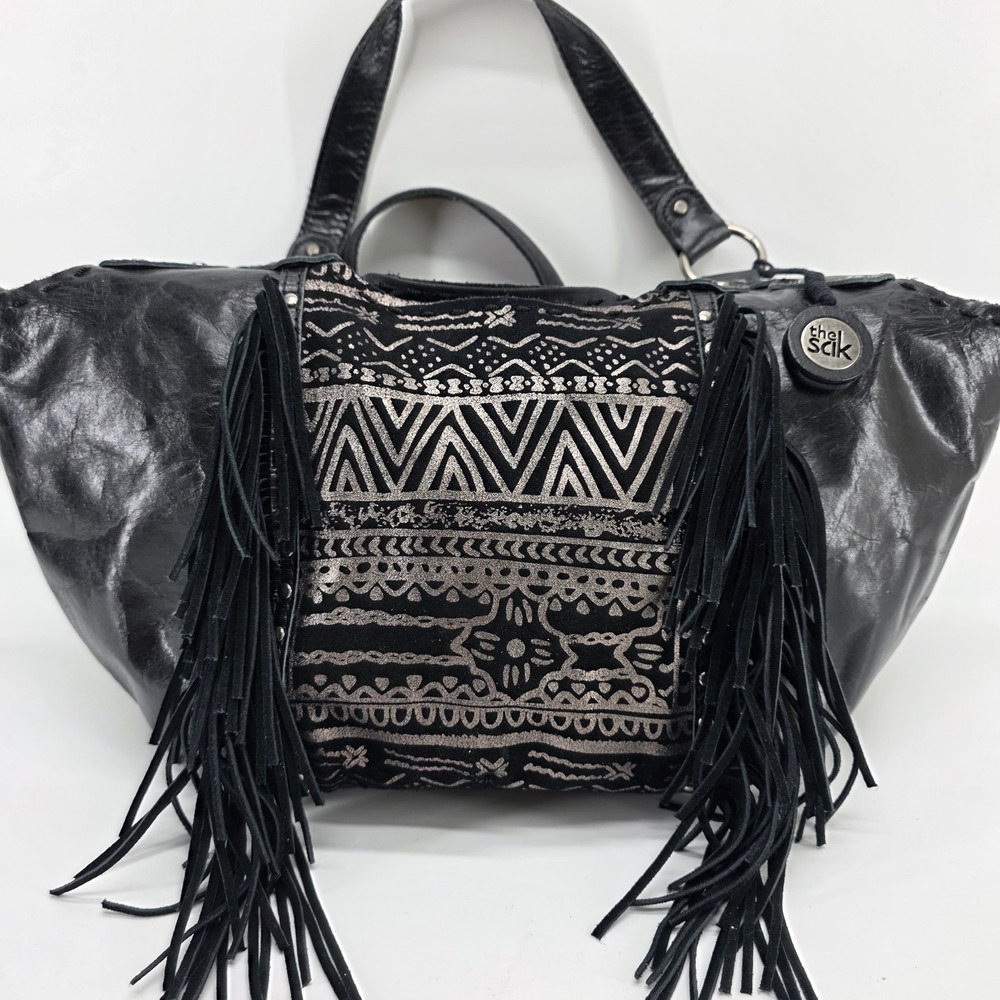 The Sak Leather Hobo Shoulder Bag Black Leather Silver Aztec Fringe Boho Tote - Picture 2 of 12